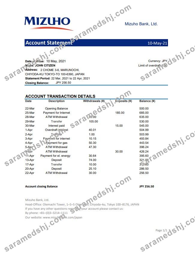 Japan Mizuho bank statement template in .xls and .pdf file format